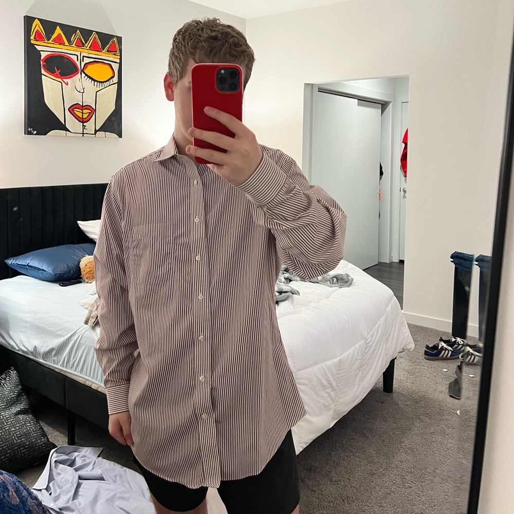 Burgundy and white striped button-up shirt